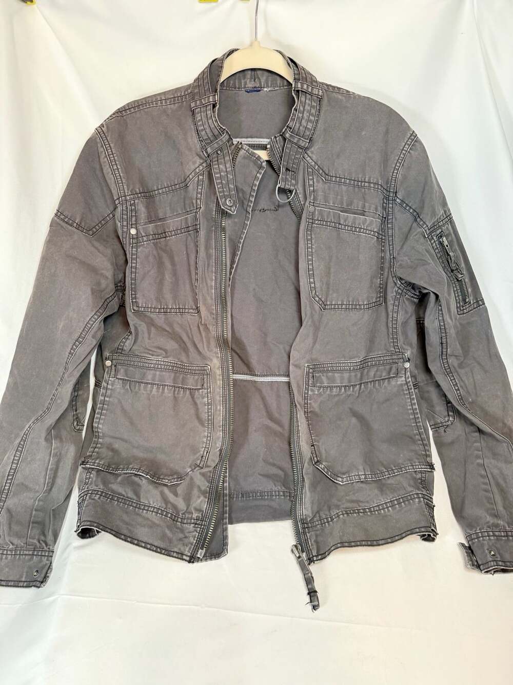 H&M Gray Utility Cargo Jacket Women’s Medium Military Multi Pocket Distressed